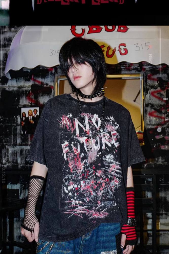 Bizzcut Club Future Infinite Rock Graffiti Punk Black T shirt Jirai Kei Clothing