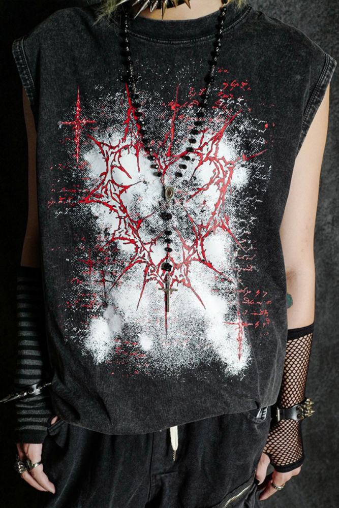 Bizzcut Club Shadow Heart Gothic Graffiti Black Vest Jirai Kei Clothes