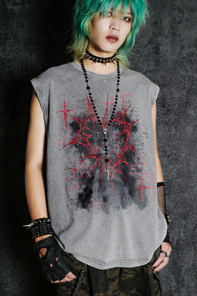 Bizzcut Club Shadow Heart Gothic Graffiti Grey Vest Jirai Kei Clothes - my-lolita-dress.com