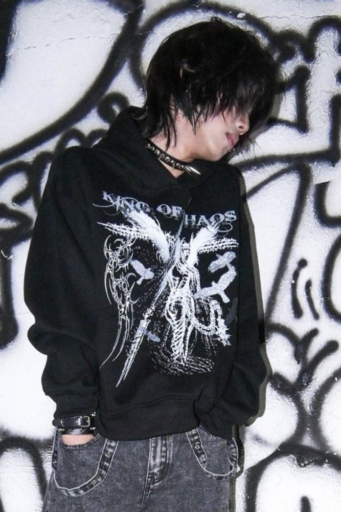 Bizzcut Club Night Knight Subculture Printed Black Hoodie Jirai Kei Clothing