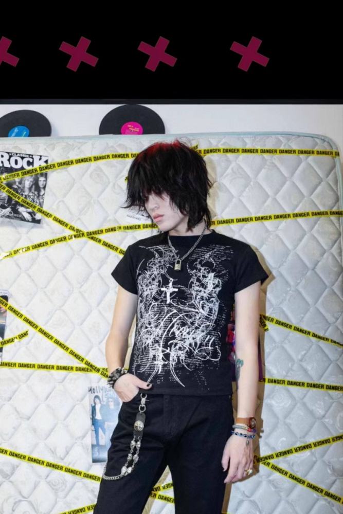 Bizzcut Club Totem Code Subculture Dark Gothic Slim T-shirt Jirai Kei Fashion