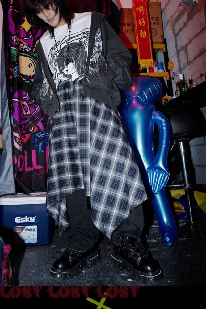 Bizzcut Club Irregular Layering Punk Plaid Skirt Jirai Kei Outfit