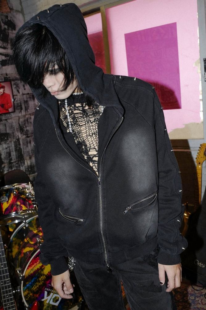 Bizzcut Club Yesterday Knight Subculture Zipper Gothic Studded Rivet Detail Oversized Coat - my-lolita-dress.com