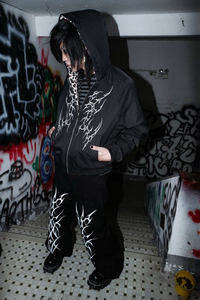 Bizzcut Club Leopard Pattern Dark Subculture Black Coat Jirai Kei Outfit