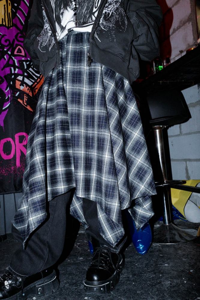 Bizzcut Club Irregular Layering Punk Plaid Skirt Jirai Kei Outfit