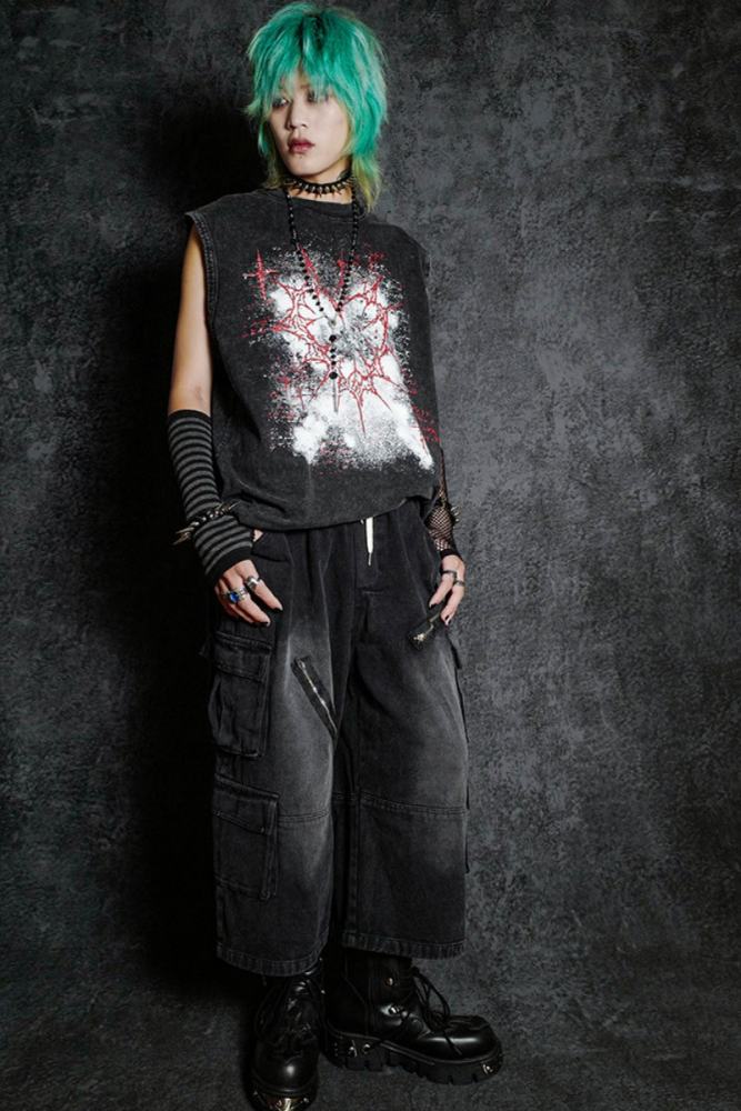 Bizzcut Club Shadow Heart Gothic Graffiti Grey Vest Jirai Kei Clothes