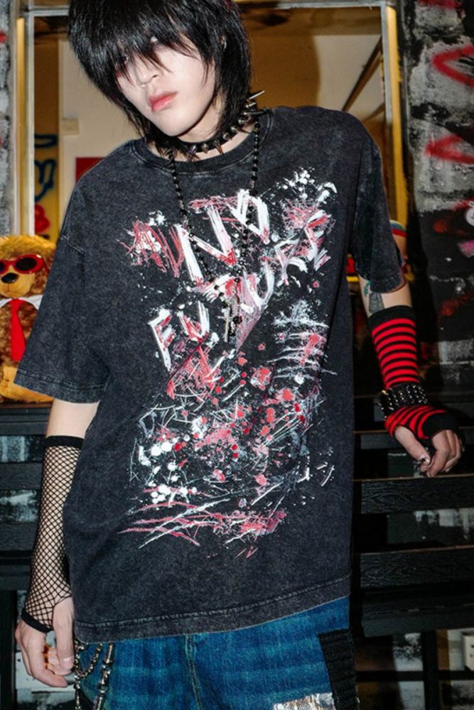 Bizzcut Club Future Infinite Rock Graffiti Punk Black T shirt with prints detail - my-lolita-dress.com