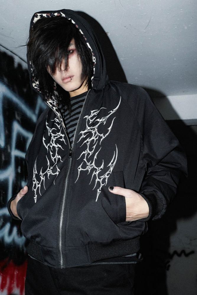 Bizzcut Club Leopard Pattern Dark Subculture Black Coat Jirai Kei Outfit
