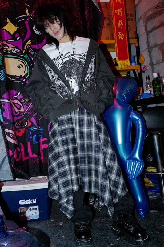 Bizzcut Club Irregular Layering Punk Plaid Skirt Jirai Kei Outfit