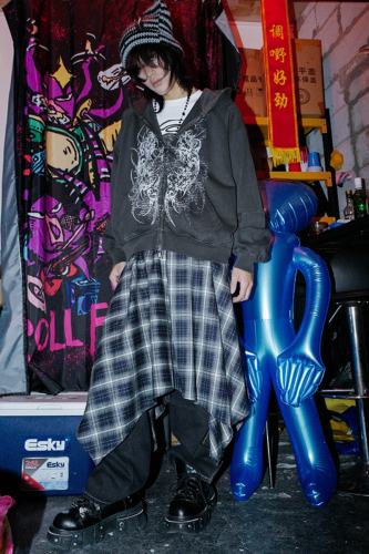 Bizzcut Club Irregular Layering Punk Plaid Skirt Jirai Kei Outfit
