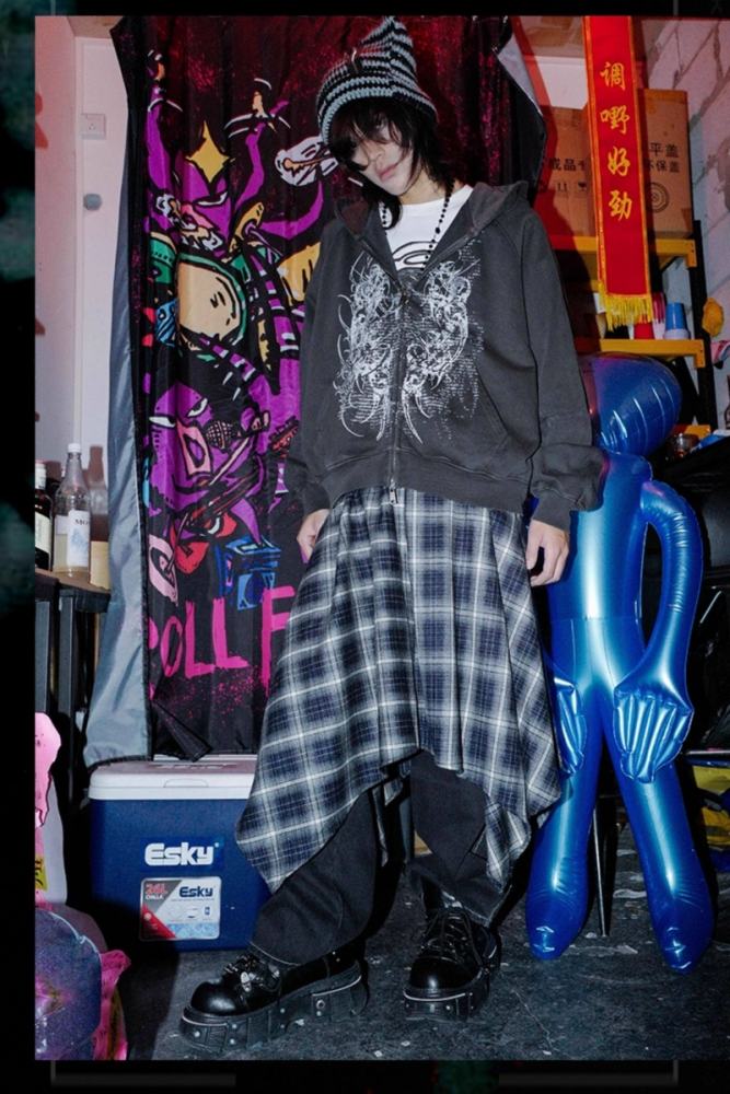 Bizzcut Club Irregular Layering Punk Plaid Skirt Jirai Kei Outfit