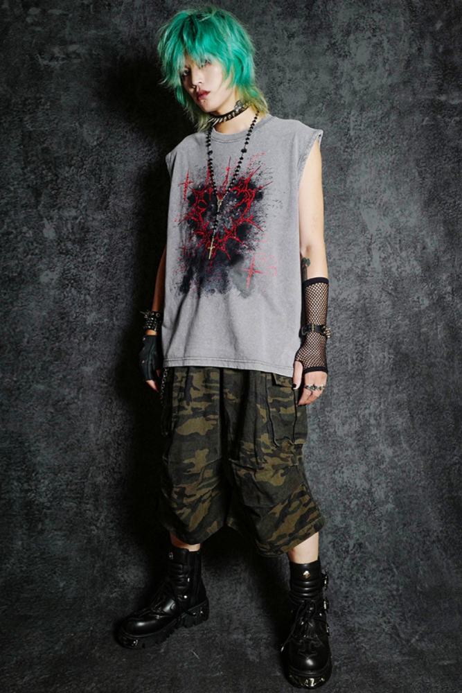 Bizzcut Club Shadow Heart Gothic Graffiti Grey Vest Jirai Kei Clothes