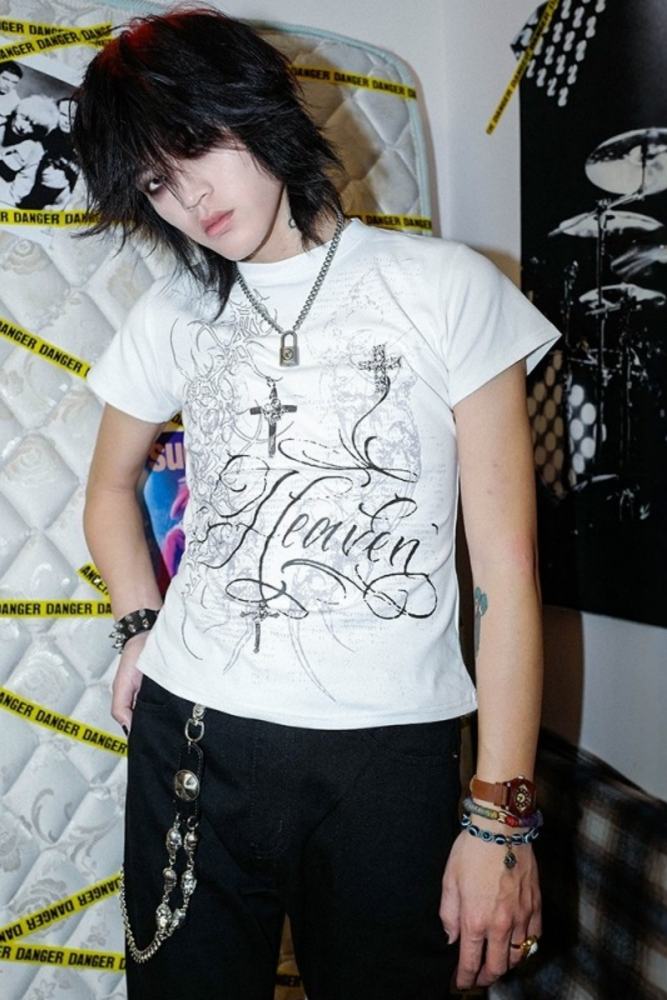 Bizzcut Club Totem Code Subculture Dark Gothic Slim White T-shirt Jirai Kei Fashion - my-lolita-dress.com