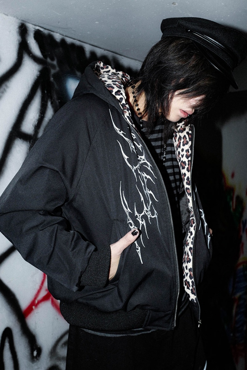 Bizzcut Club Leopard Pattern Dark Subculture Black Coat Jirai Kei