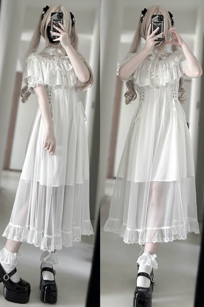 Shengzhongwei ~Cape Lacework~ Jirai Kei Double Layers Shiro Dress~