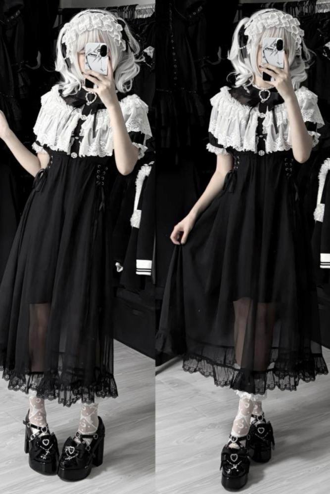 Shengzhongwei ~Cape Lacework~ Jirai Kei Double Layers Shiro Dress~