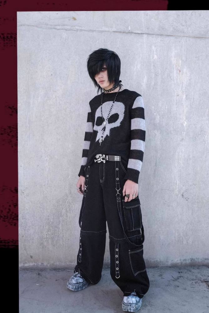 Bizzcut Club Street Black Denim Wide Leg Pants Jirai Kei Outfit