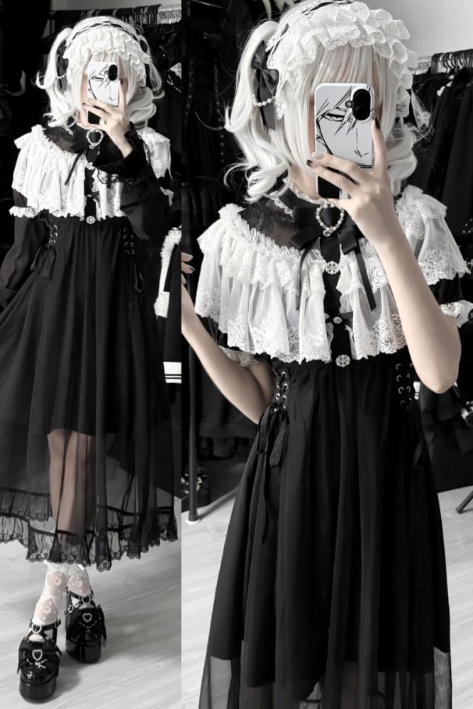 Shengzhongwei ~Cape Lacework~ Jirai Kei Double Layers Shiro Dress~