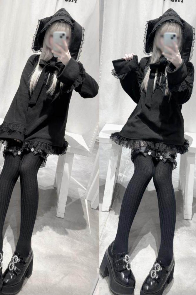 Shengzhongwei ~Rabbit Ear~ Jirai Kei Kuro Hooded Coat~