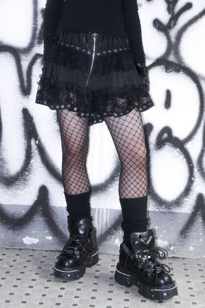 Bizzcut Club Silent moonlight Punk Patchwork Rock Black Skirt Jirai Kei Fashion - my-lolita-dress.com
