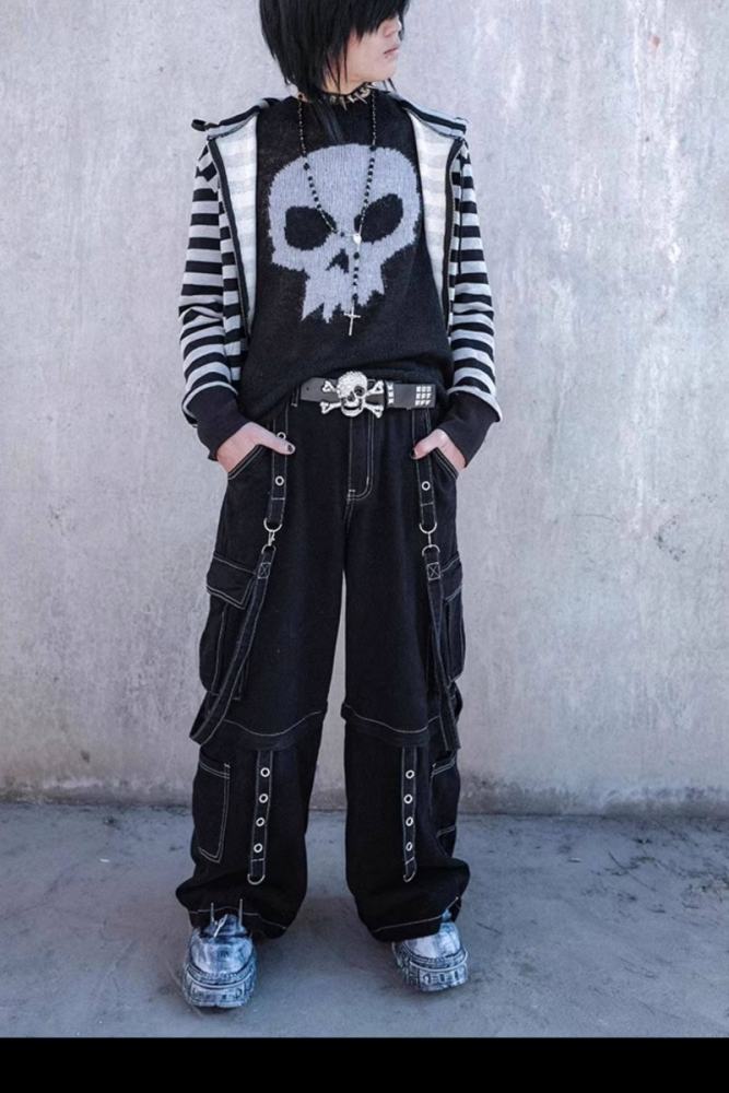 Bizzcut Club Street Black Denim Wide Leg Pants Jirai Kei Outfit