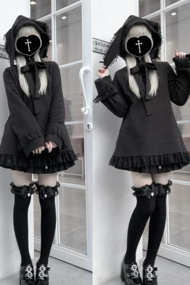 Shengzhongwei ~Rabbit Ear~ Jirai Kei Kuro Hooded Coat~