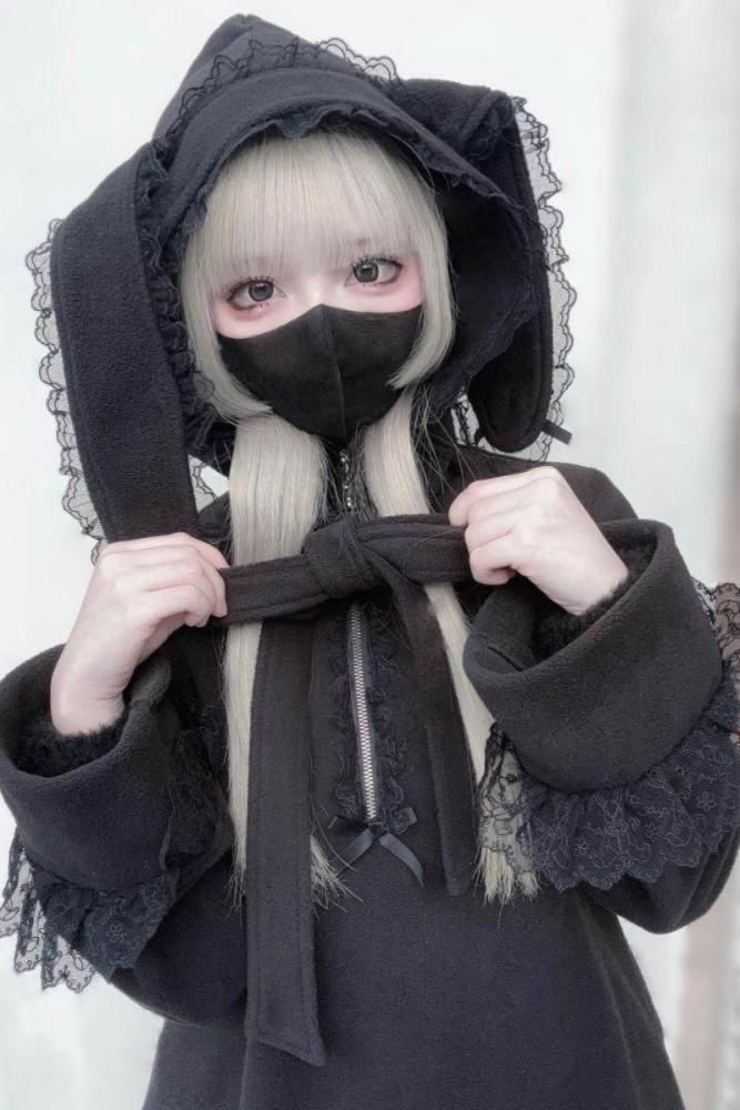 Shengzhongwei ~Rabbit Ear~ Jirai Kei Kuro Coat with Removeable Hoodie~- my-lolita-dress.com