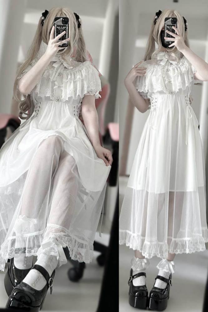 Shengzhongwei ~Cape Lacework~ Jirai Kei Double Layers Shiro Dress~