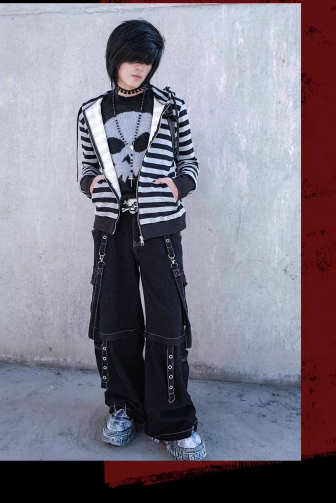 Bizzcut Club Street Black Denim Wide Leg Pants Jirai Kei Outfit