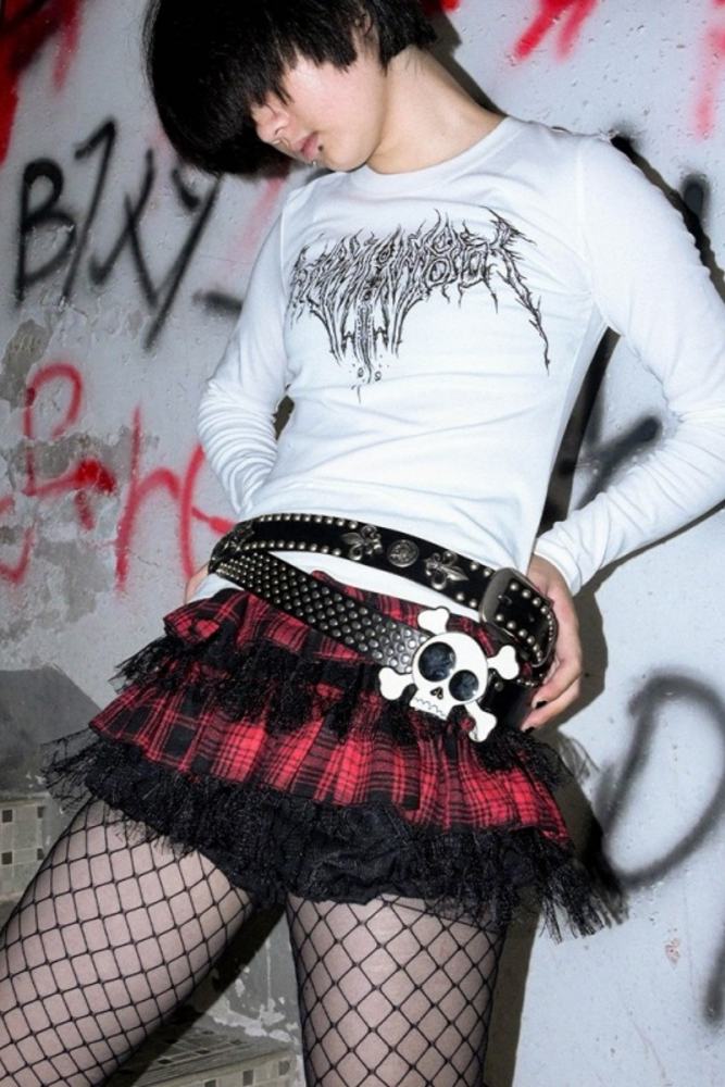 Bizzcut Club Silent moonlight Punk Patchwork Rock Red Plaid Skirt - my-lolita-dress.com