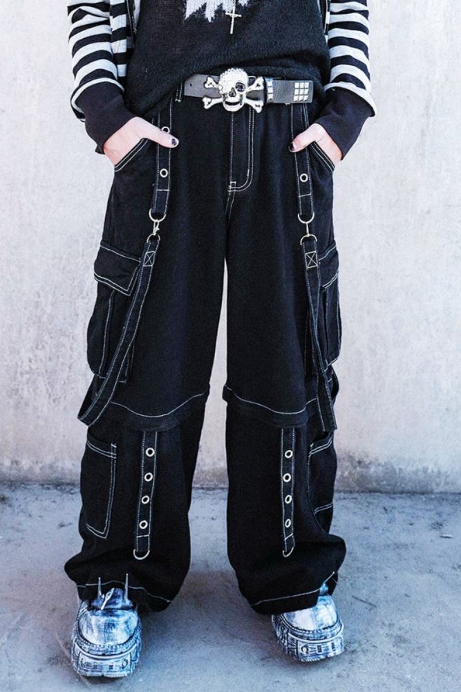 Bizzcut Club Street Black Denim Wide Leg Pants Jirai Kei Outfit - my-lolita-dress.com