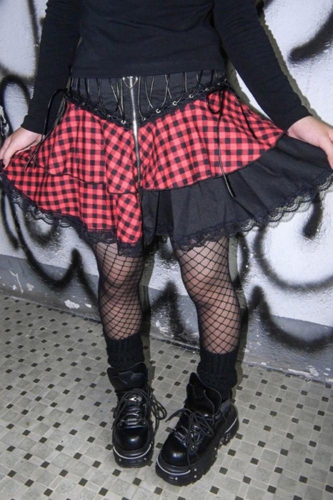 Bizzcut Club Silent moonlight Punk Patchwork Rock Red Skirt Jirai Kei Fashion - my-lolita-dress.com