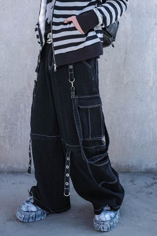 Bizzcut Club Street Black Denim Wide Leg Pants Jirai Kei Outfit