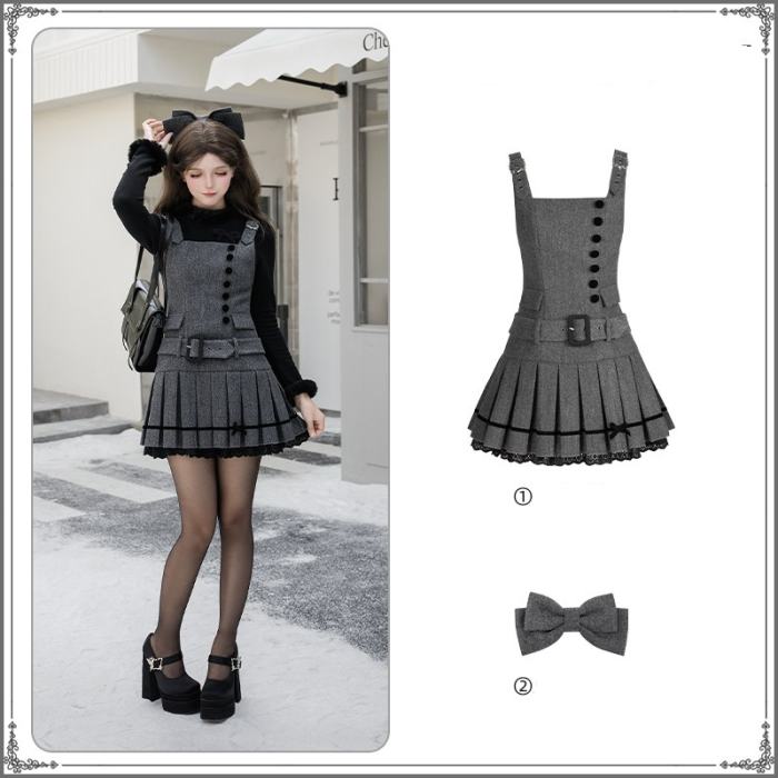 Withpuji ~Simple Style~ Hat and Bow Headdress ~Jirai Kei Grey Salopette~