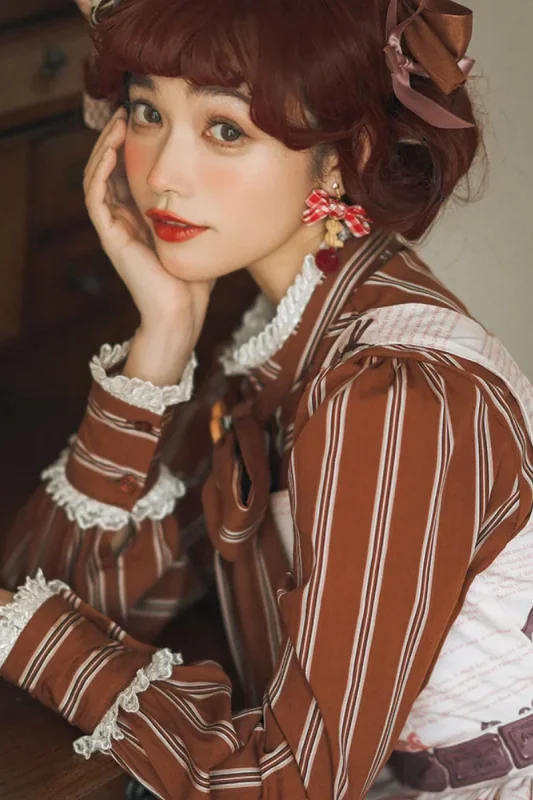 Miss Point ~Chocolate Daily Stripe Long Sleeves Lolita Blouse Chocolate Size 2XL - In Stock