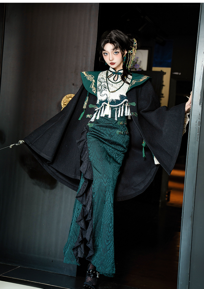 (BFM) Green Cheongsam Qi Dress and Cape