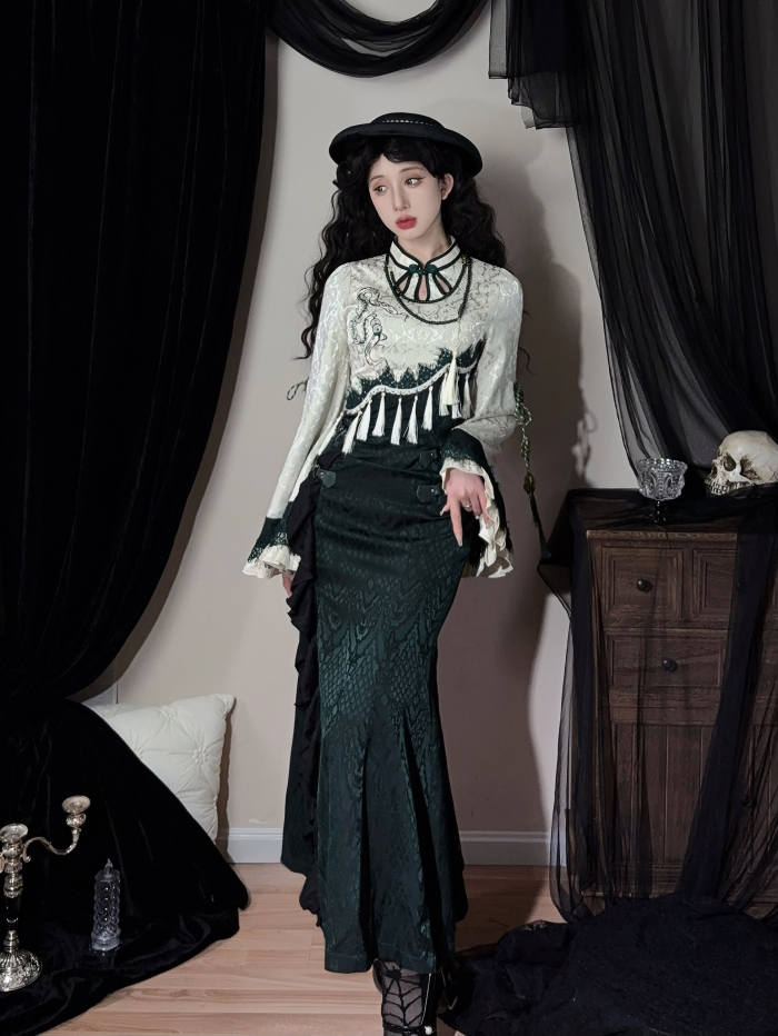 (BFM) Green Cheongsam Qi Dress and Cape