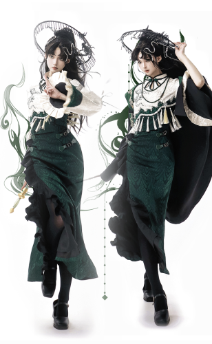 (BFM) Green Cheongsam Qi Dress and Cape