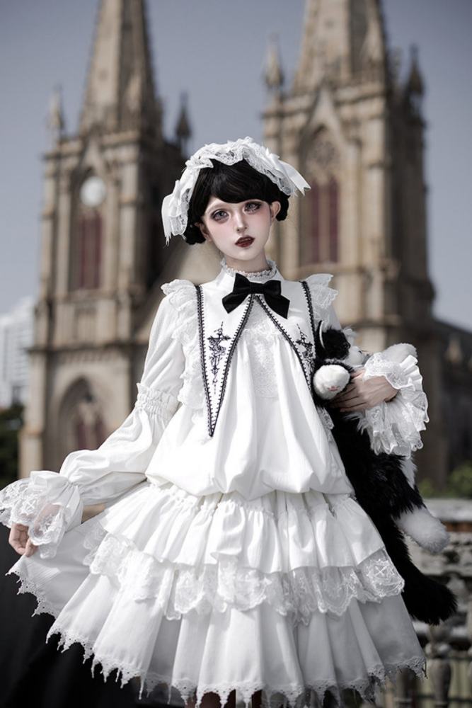 Withpuji ~Morning Bell and Evening Song~ Goth Lolita Drawstring OP Dress Hairband Collar and Belt~