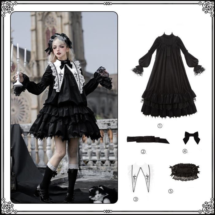 Withpuji ~Morning Bell and Evening Song~ Goth Lolita Drawstring OP Dress Hairband Collar and Belt~