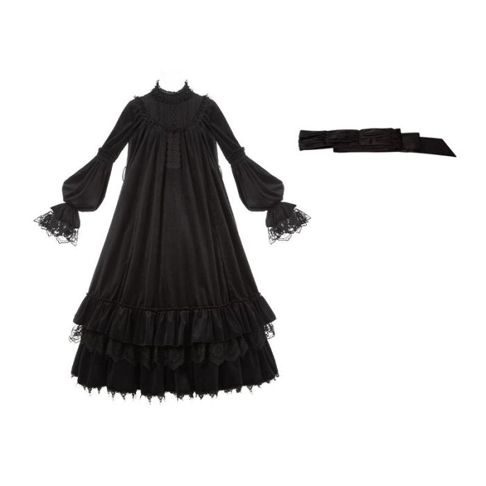Withpuji ~Morning Bell and Evening Song~ Goth Lolita Drawstring OP Dress Hairband Collar and Belt~