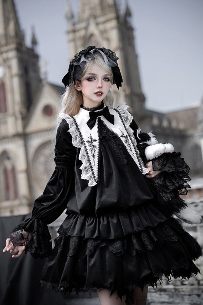 Withpuji ~Morning Bell and Evening Song~ Goth Lolita Drawstring OP Dress Hairband Collar and Belt~