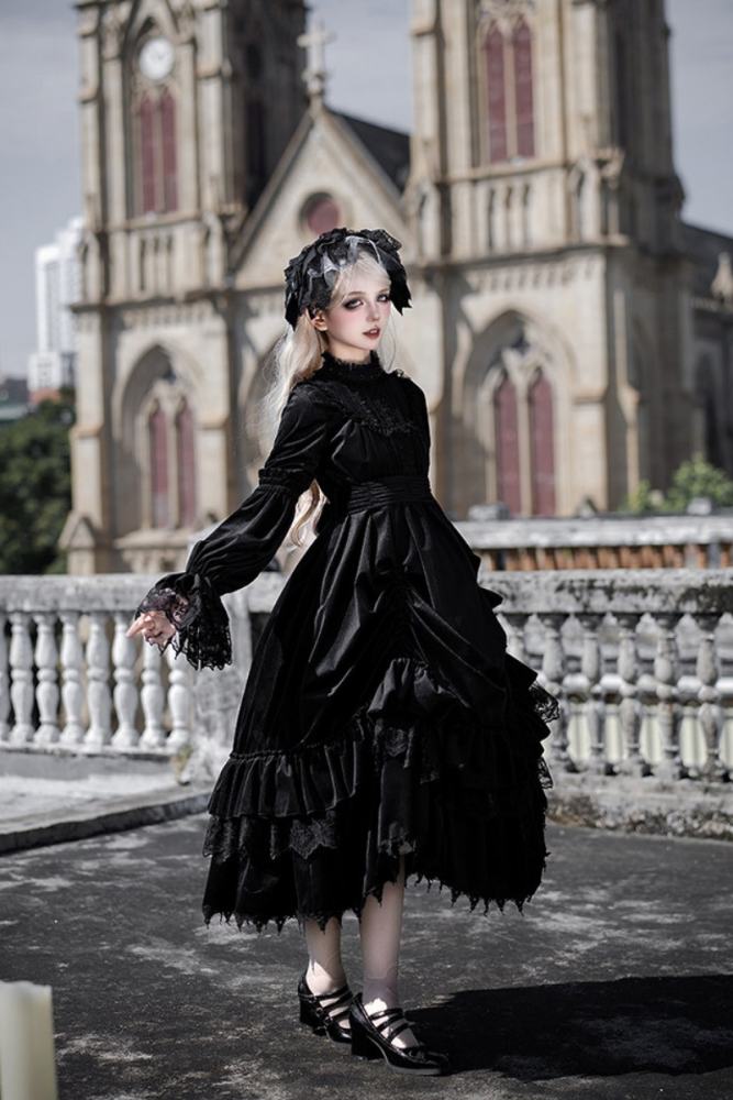 Withpuji ~Morning Bell and Evening Song~ Goth Lolita Drawstring OP Dress Hairband Collar and Belt~