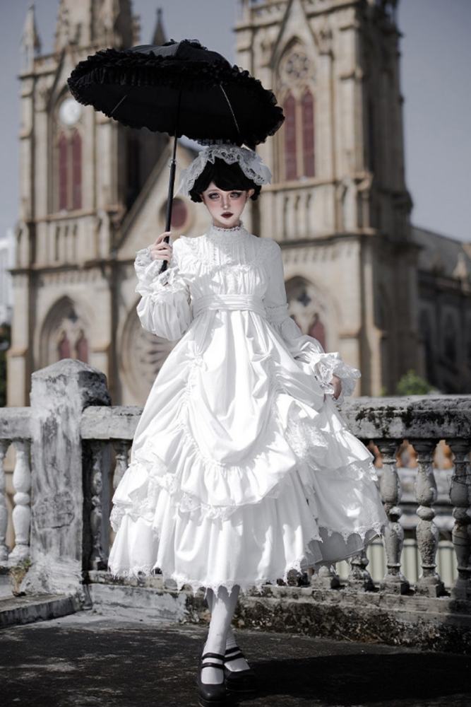 Withpuji ~Morning Bell and Evening Song~ Goth Lolita Drawstring OP Dress Hairband Collar and Belt~