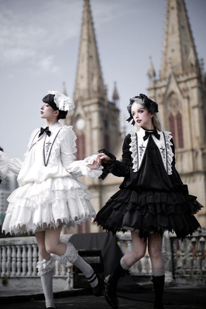 Withpuji ~Morning Bell and Evening Song~ Goth Lolita Drawstring OP Dress Hairband Collar and Belt~
