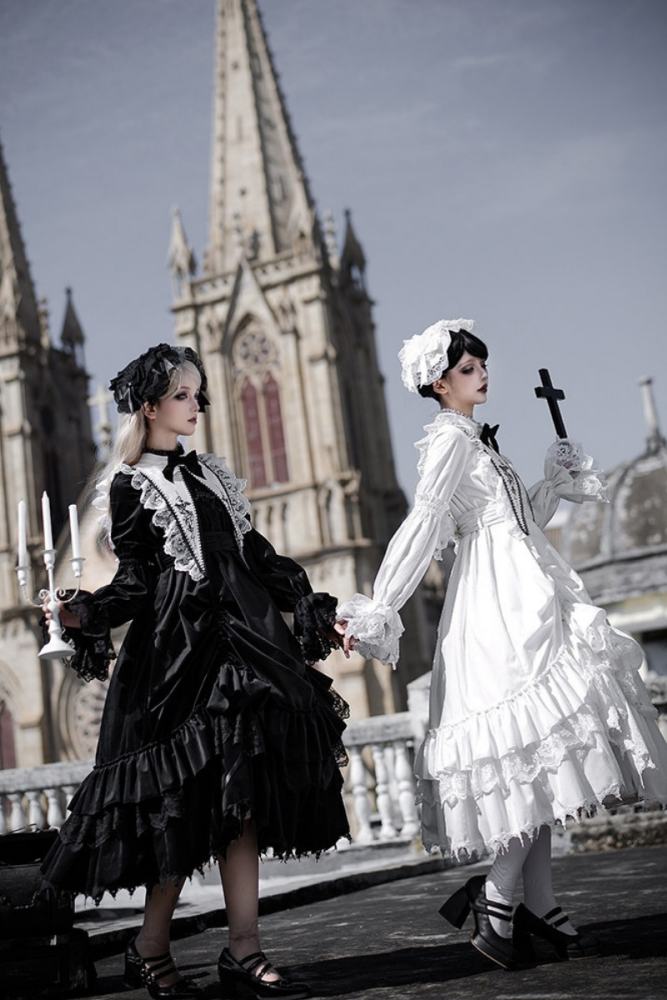 Withpuji ~Morning Bell and Evening Song~ Goth Lolita Drawstring OP Dress Hairband Collar and Belt~