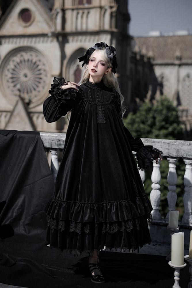 Withpuji ~Morning Bell and Evening Song~ Goth Lolita Drawstring OP Dress Hairband Collar and Belt~