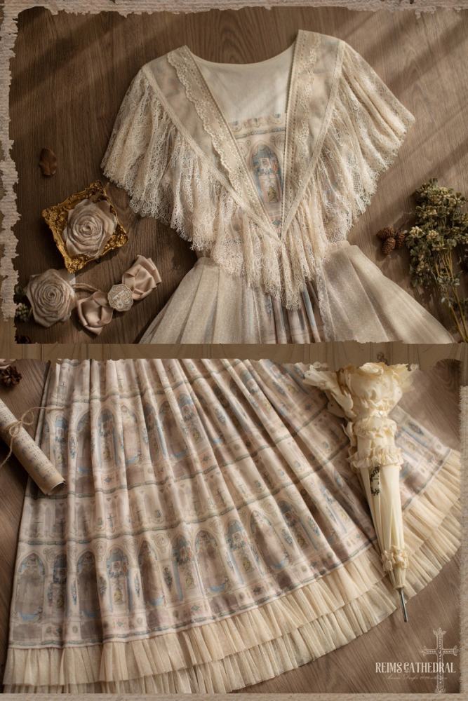 AD ～Reims Cathedral～ Prints Beige Black OP and Dress Sheer Overlay