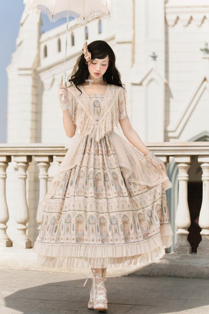 AD ～Reims Cathedral～ Prints Beige Black OP and Dress Sheer Overlay