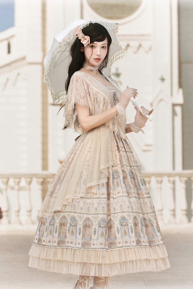 AD ～Reims Cathedral～ Prints Beige Black OP and Dress Sheer Overlay